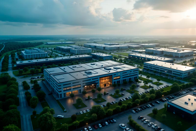Luftaufnahme von Gewerbegrundstücken im Industriepark.